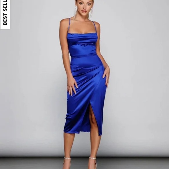 NWOT Windsor Lillyanne Formal Satin Asymmetrical Midi Dress - Picture 1 of 3
